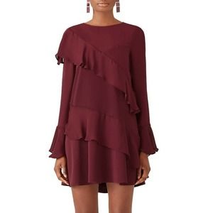 Parker Wine Evony Combo Dress M Asymmetric Ruffle